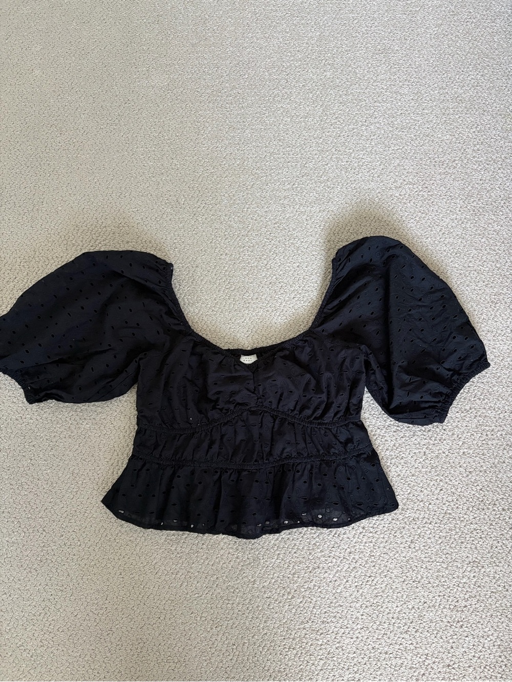 a new day Black Puff Sleeve Eyelet Peplum Blouse
